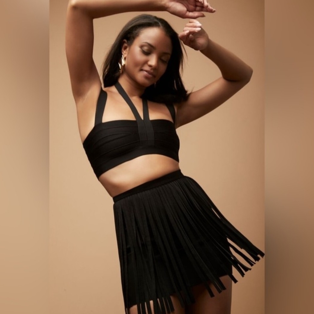Chic Black Fringe Skirt and Top Set